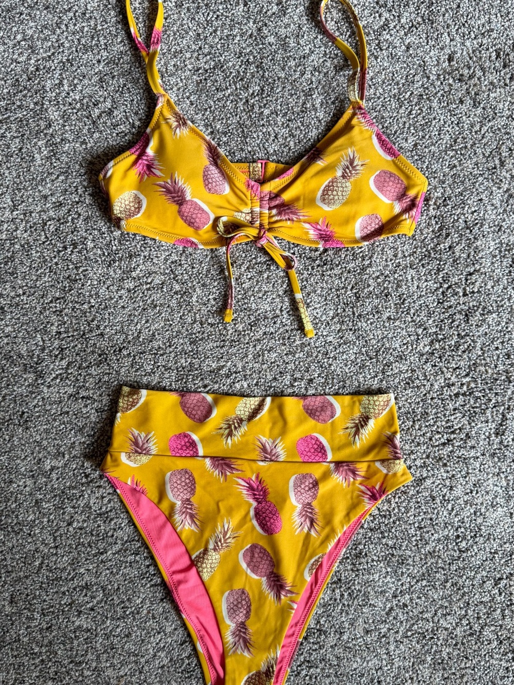 Aerie Yellow Pineapple Print Scoop Bikini Top and High Cut Cheeky Bottoms Size S - Picture 2 of 11